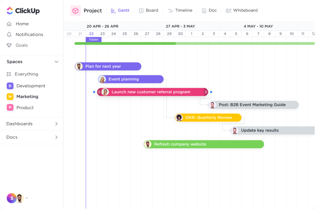 ClickUp Gantt chart view displaying a marketing project timeline with tasks like event planning, content creation, and website refresh.
