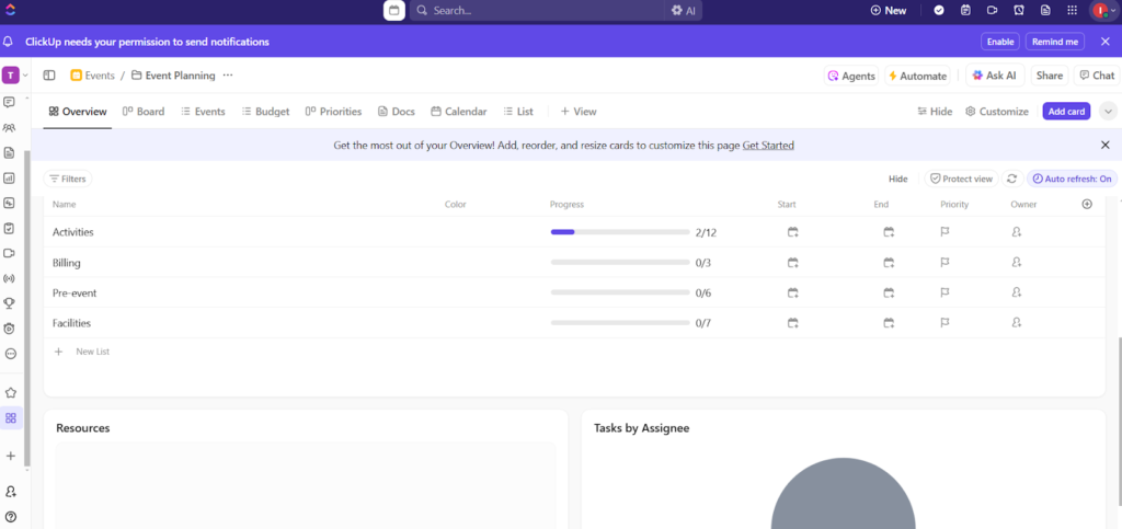 ClickUp’s “Event Planning” workspace using the Overview view. It shows task categories such as Activities, Billing, and Facilities with corresponding progress bars, task counts, start/end dates, and priority indicators in a clean, customizable dashboard layout.