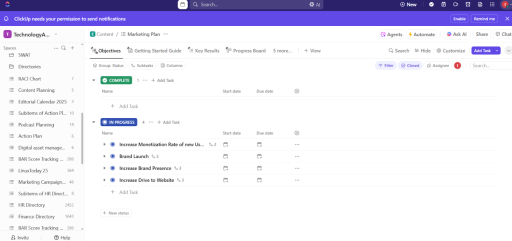 ClickUp Objectives view showing a marketing plan with tasks grouped by status. Lists include goals like “Increase Monetization Rate” and “Increase Drive to Website,” each with subtasks, assignees, and space for start/due dates—all under a clean, organized workspace.
