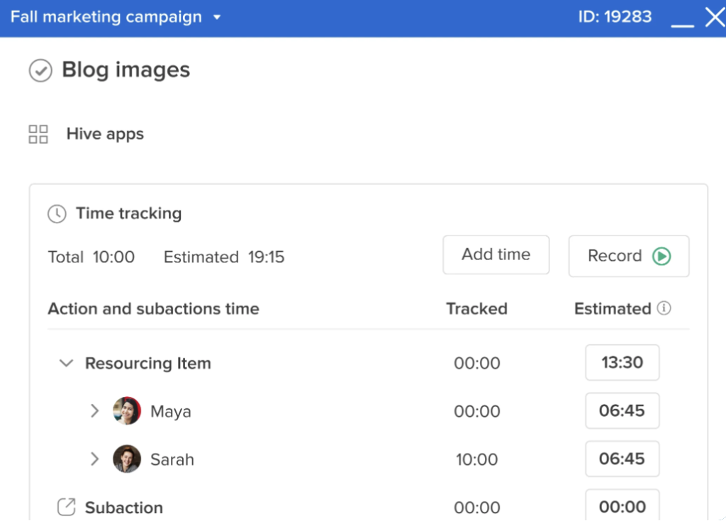 Hive time tracking panel for a fall marketing campaign showing estimated and tracked hours by team members for blog image tasks.