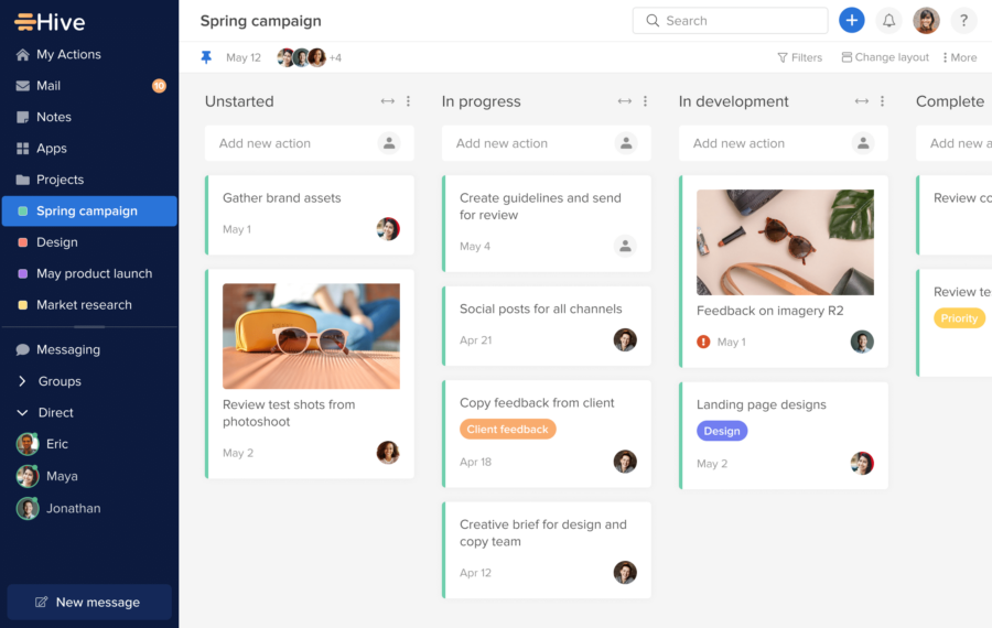 Hive Kanban board for a spring campaign displaying task cards across columns for unstarted, in progress, in development, and completed stages.