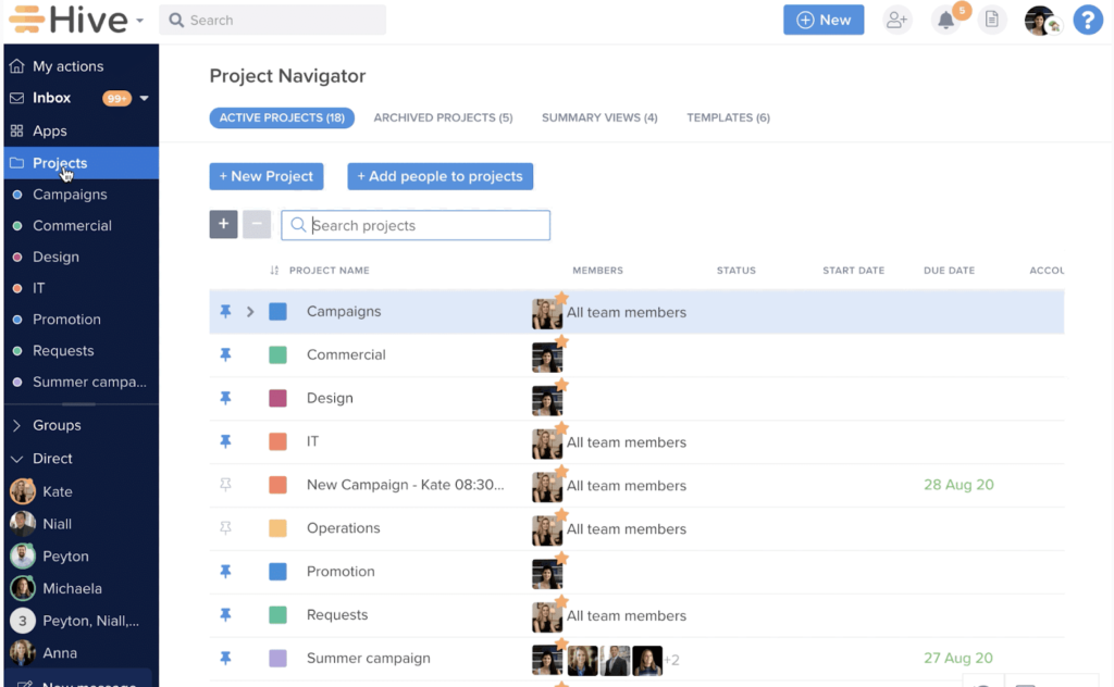 Hive Project Navigator interface displaying a searchable list of projects with color-coded categories, team member assignments, and start/due dates. Options to add new projects or team members appear at the top for streamlined project setup and organization.
