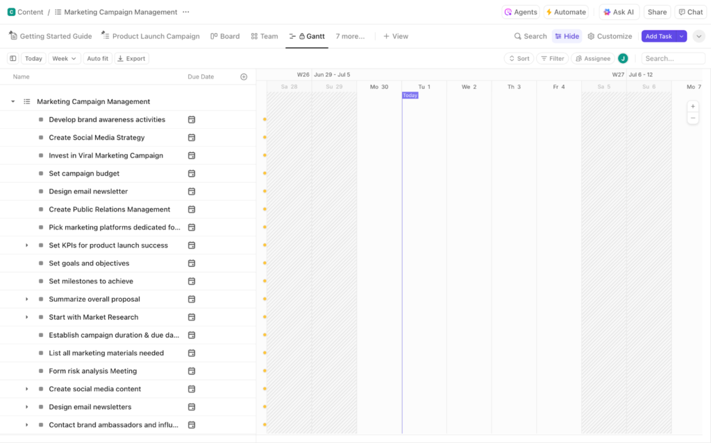 monday.com marketing campaign planning template with color-coded task statuses