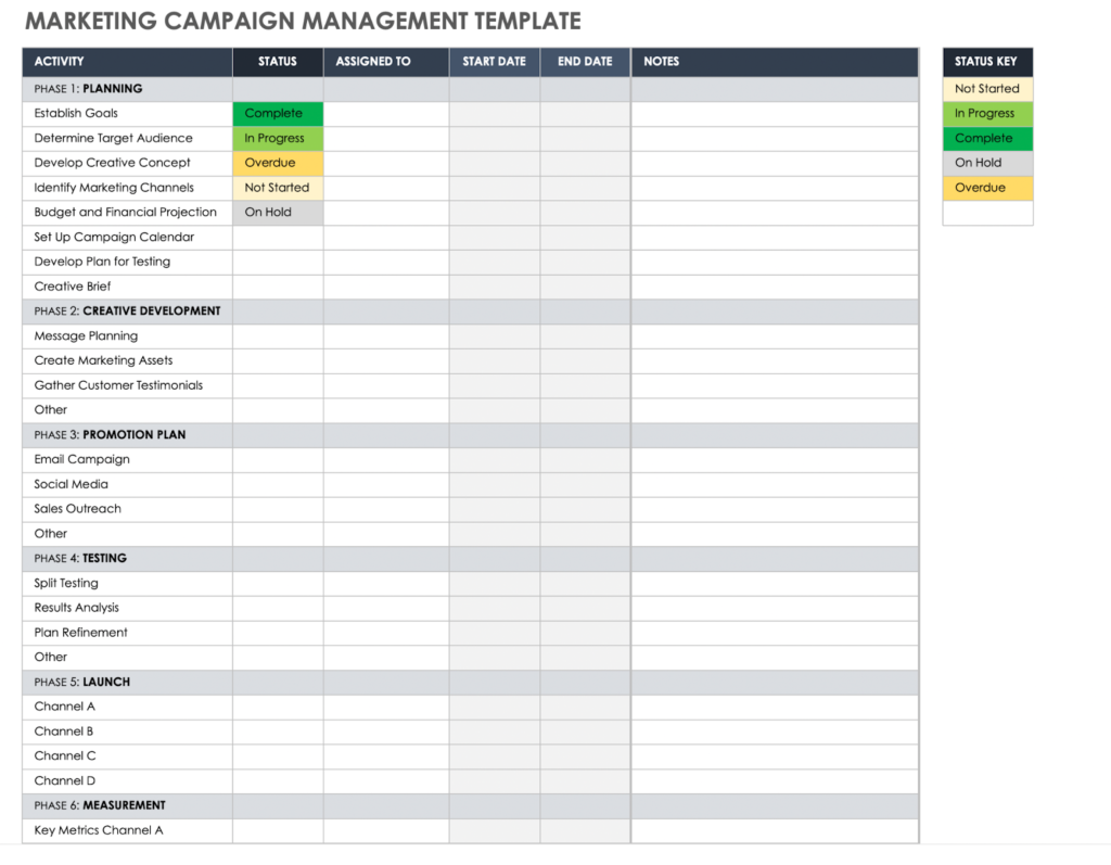 Smartsheet grid template showing marketing task assignments and dates.