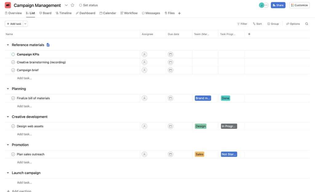 Asana marketing calendar timeline showing launch milestones and tasks.