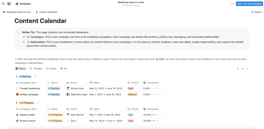 Notion campaign tracker with tasks, content calendar, and campaign briefs.
