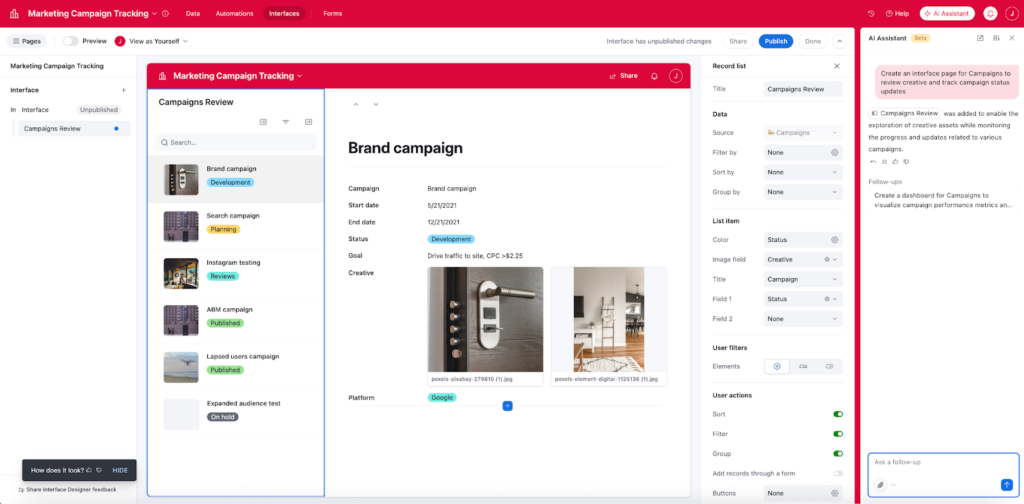 Airtable marketing campaign database showing views for metrics and assets.