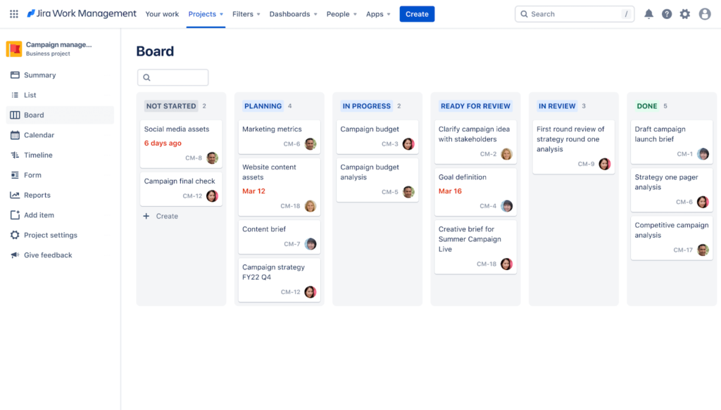 Jira agile marketing board template with epics, tasks, and sprints.