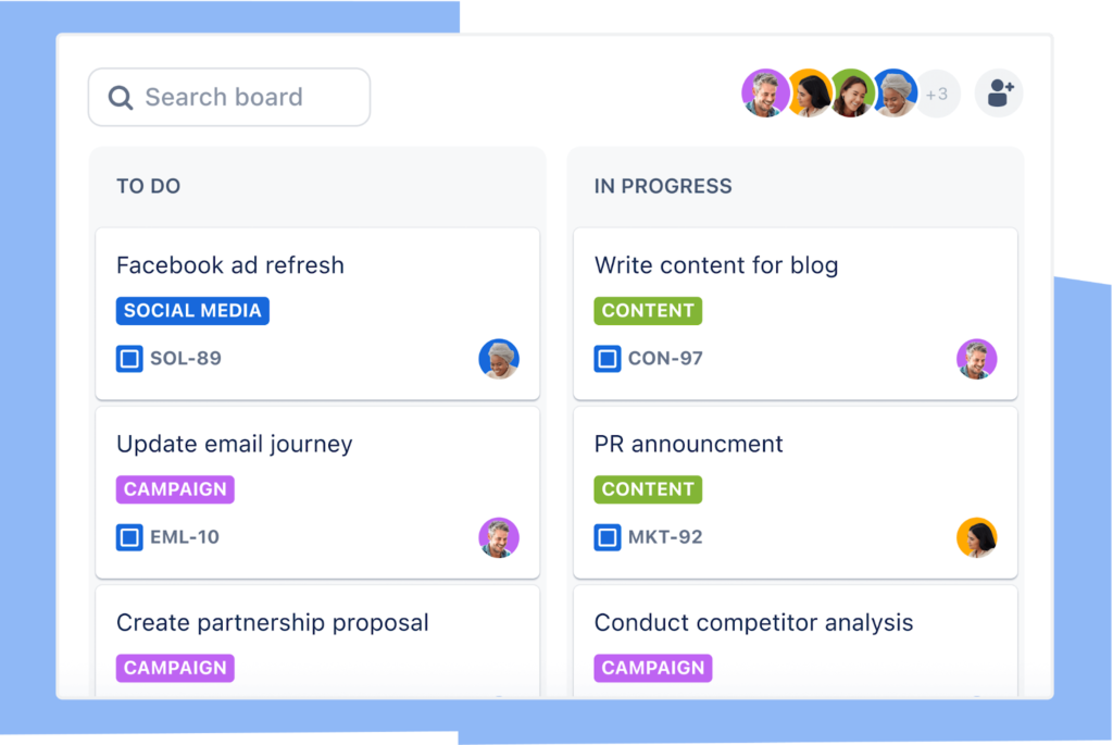 Jira task board displaying a “To Do” and “In Progress” column with tasks such as “Facebook ad refresh,” “PR announcement,” and “Update email journey.” Each task includes colored category labels, assignee avatars, and issue codes for tracking.