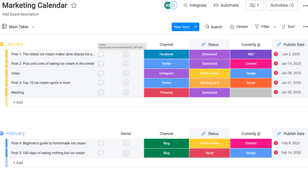 monday.com monthly marketing calendar with social media and blog content scheduled by channel, status, and publish date.