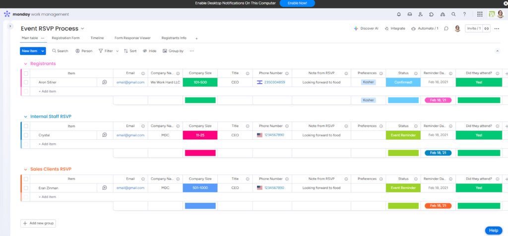 monday.com board titled “Event RSVP Process” showing grouped registrants (e.g., Internal Staff, Sales Clients) with columns for contact details, RSVP notes, status, preferences, reminder dates, and attendance confirmation. Visual indicators include colored tags and status bars.