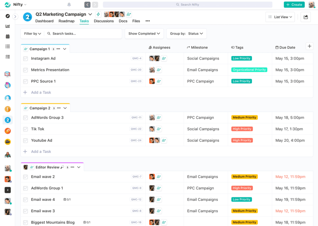 Nifty task list view for a marketing campaign organized by campaign groups and editor review, with due dates, assignees, milestones, and priority tags.