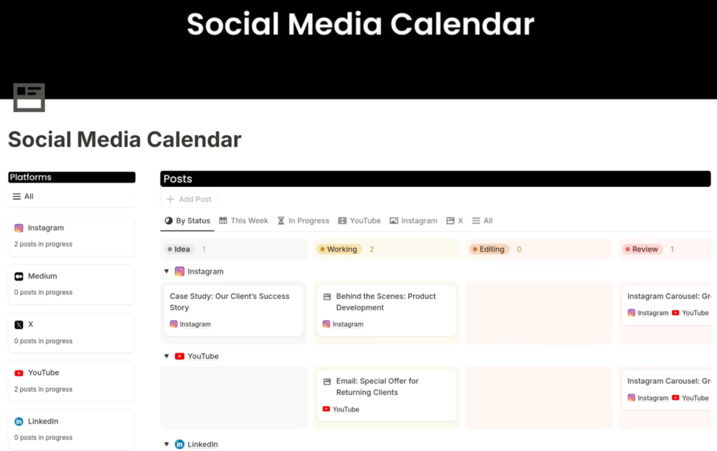 Notion social media calendar dashboard showing post status columns and platform filters for Instagram, YouTube, Medium, LinkedIn, and X.