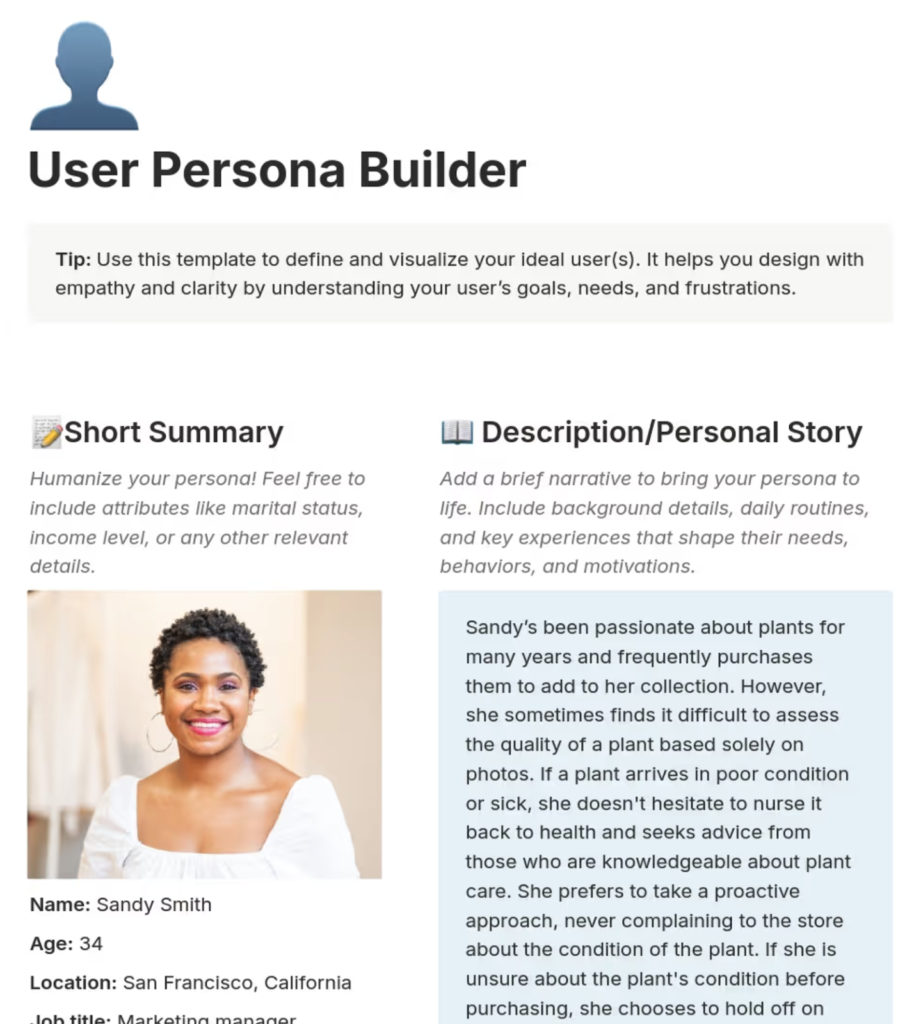 Notion user persona builder template with sections for summary, personal story, demographic details, and a sample persona profile.