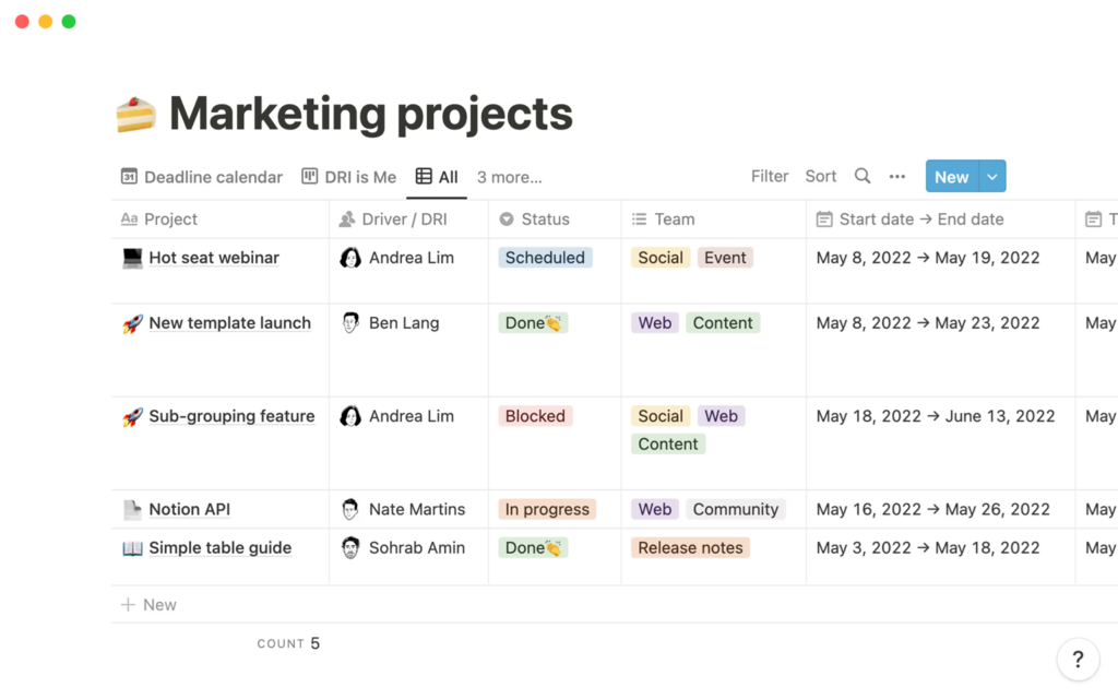 Notion table view of marketing projects showing columns for project names, drivers, statuses, assigned teams, and start/end dates. Colored status labels (e.g., “Done,” “Blocked”) and team tags help organize campaign tracking and team responsibilities in a clean, customizable format.