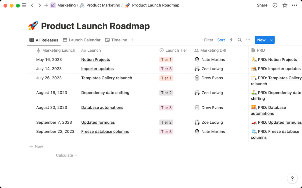 Notion workspace showing a product launch roadmap with columns for launch date, feature name, tier classification (Tier 1 to Tier 3), marketing DRI, and linked PRD documents. Each entry includes launch timing and responsible team members, enabling cross-functional alignment and launch visibility.