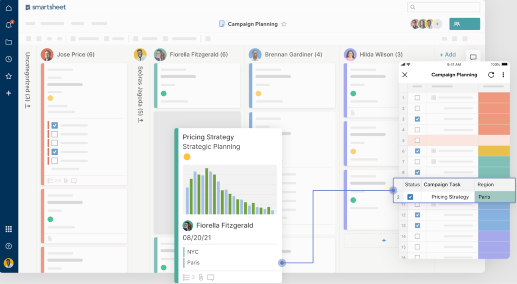 Smartsheet campaign planning board with user-assigned task columns and mobile view showing campaign task details.