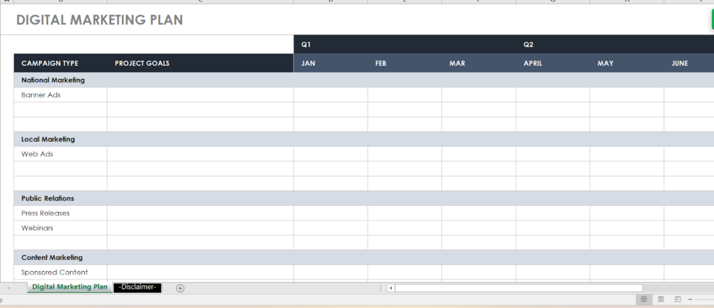 Spreadsheet titled “Digital Marketing Plan” with a matrix layout displaying campaign types such as National Marketing, Local Marketing, Public Relations, and Content Marketing. Columns represent Q1 and Q2 months from January to June, allowing marketers to plan banner ads, webinars, and other projects on a monthly timeline.