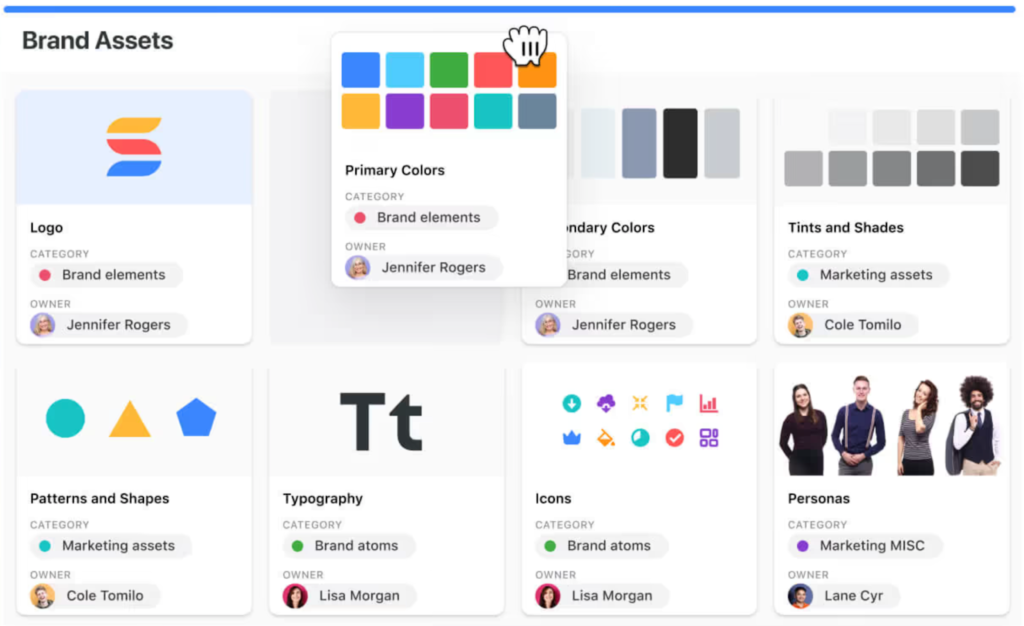 SmartSuite brand assets dashboard displaying organized cards for logos, color palettes, typography, icons, and personas with assigned owners and categories.