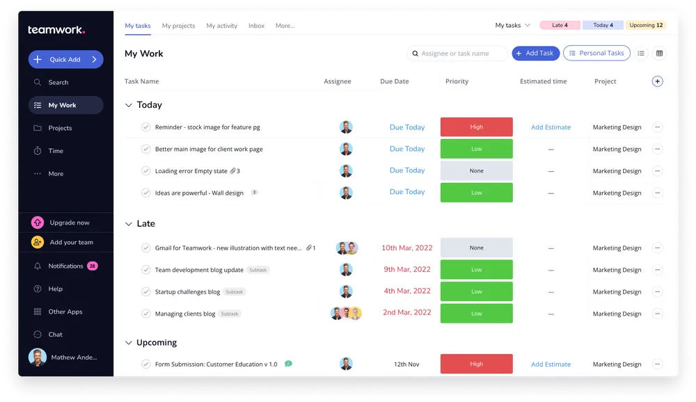 Teamwork interface showing “My Work” tab with categorized tasks by Today, Late, and Upcoming. Includes assignees, priority labels, due dates, and links to associated projects, streamlining daily task management.