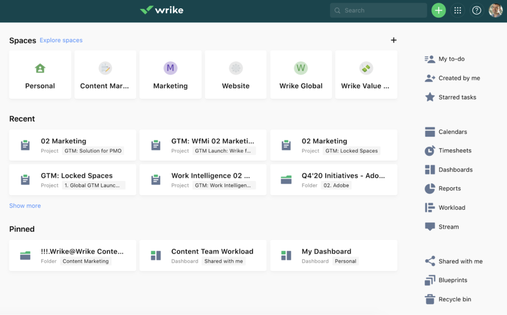 Wrike workspace view displaying team spaces, recent marketing projects, pinned dashboards, and navigation options like calendars, timesheets, and reports.