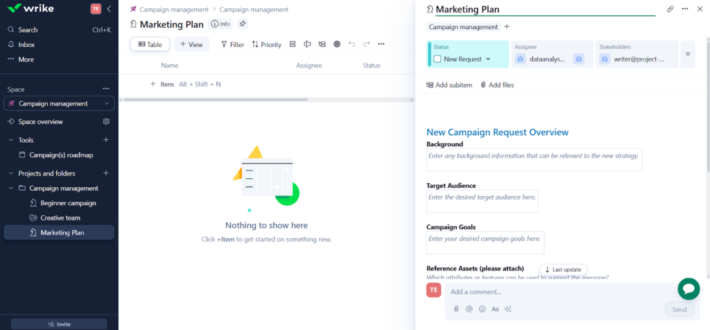 Wrike workspace showing a marketing plan setup with a campaign request form. The form includes fields for background, target audience, campaign goals, and reference assets, along with assigned stakeholders and status indicators.