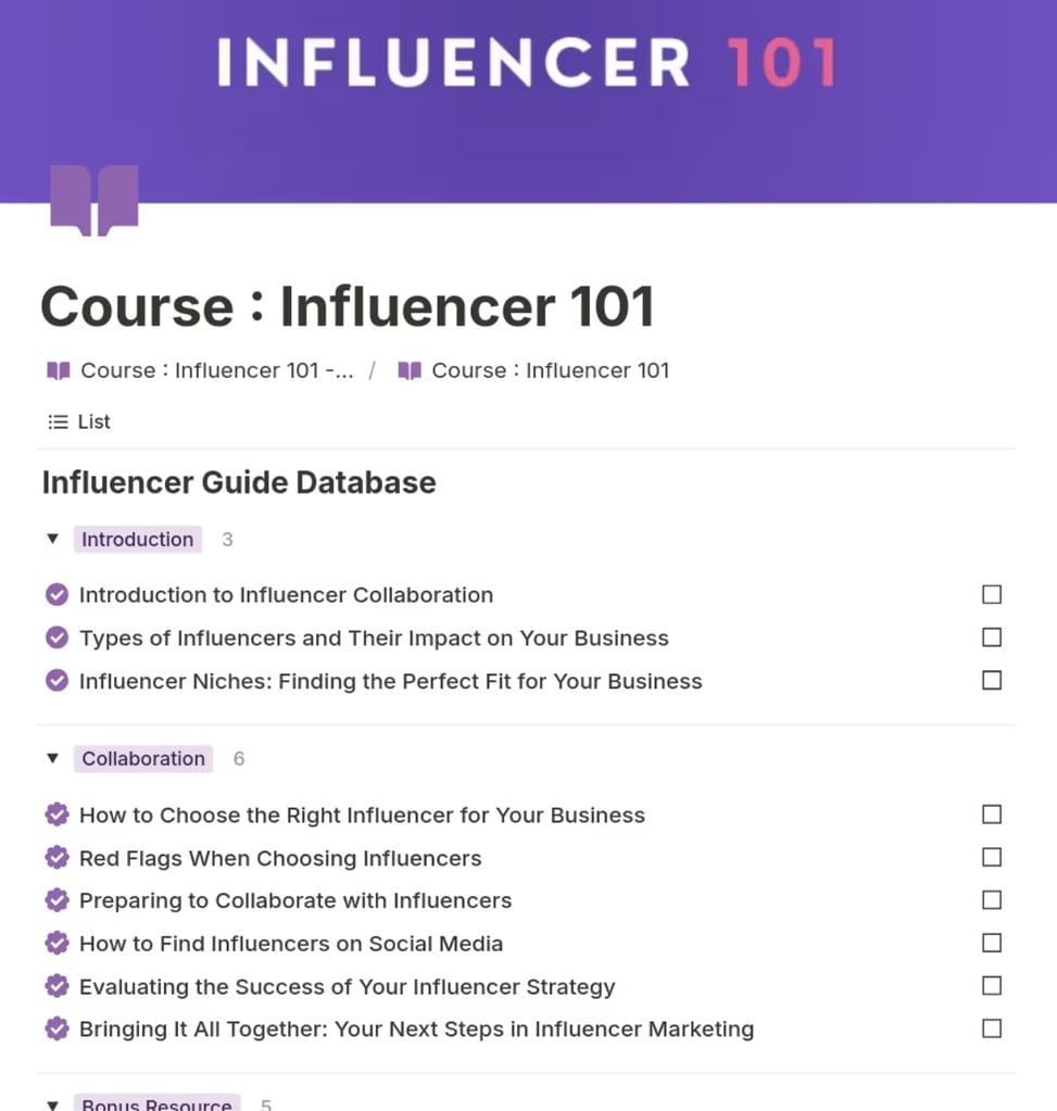 A Notion interface displaying a course titled “Influencer 101” with a categorized list of guide topics such as introduction, collaboration, and bonus resources, each containing multiple learning modules.