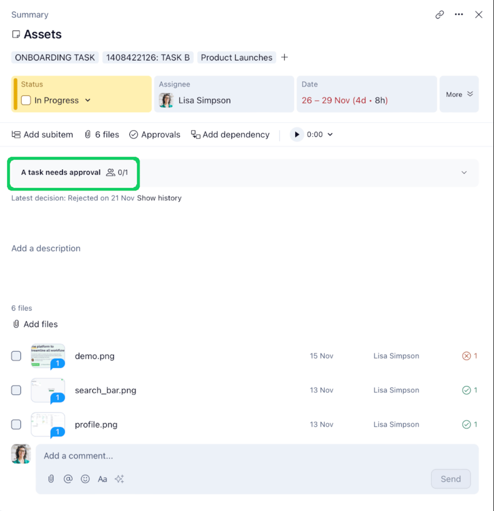 Wrike task view highlighting an approval request with approval status, decision history, and attached files.