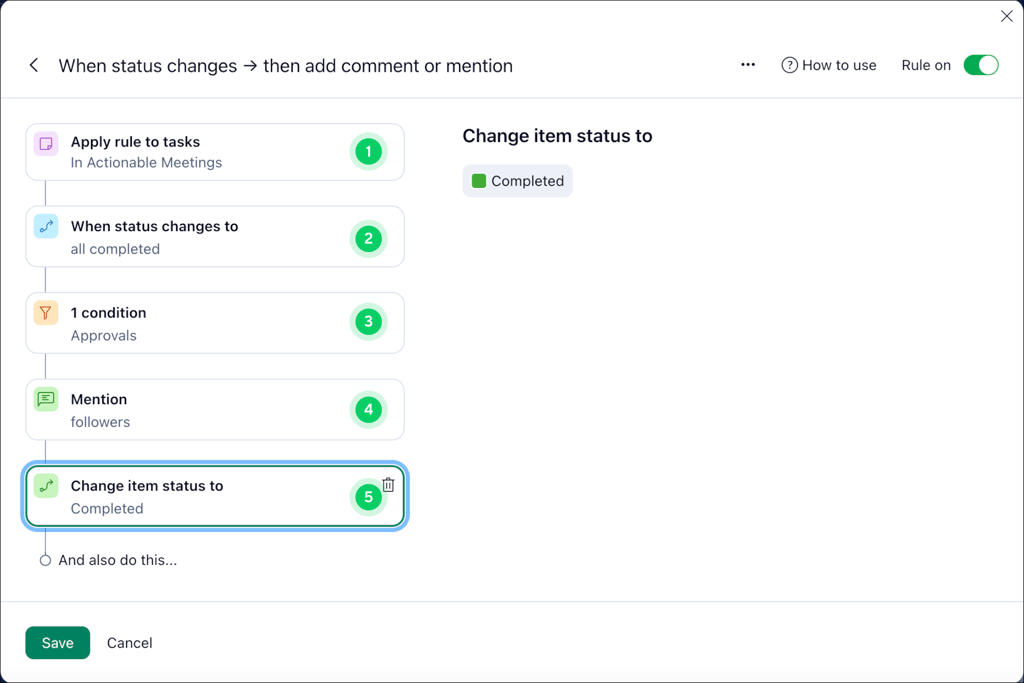 Wrike automation rule builder showing a status-based trigger, approval condition, mentions, and automatic status change.