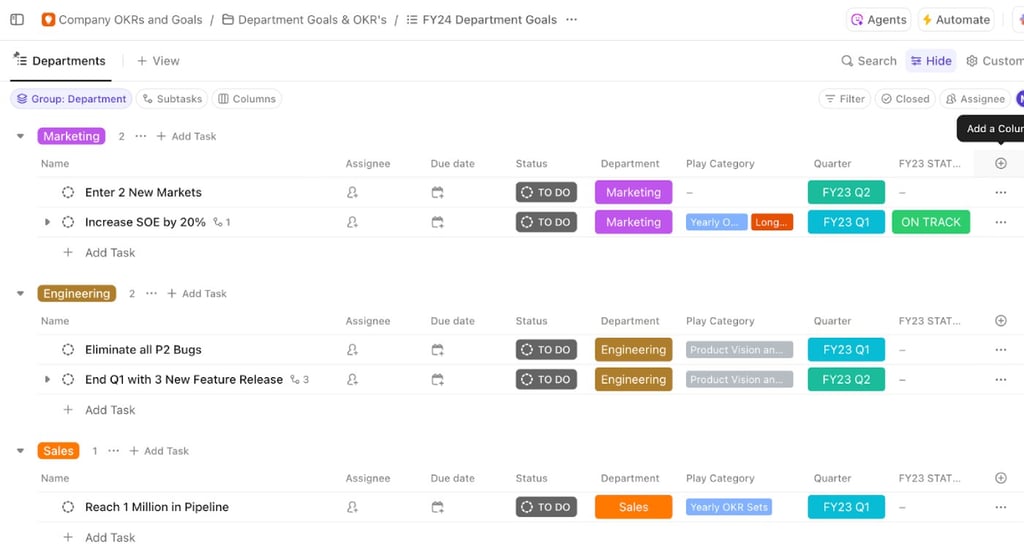 ClickUp interface showing department-specific goals, where marketing, engineering, and sales teams have distinct objectives organized by due dates, assignees, and quarterly targets.