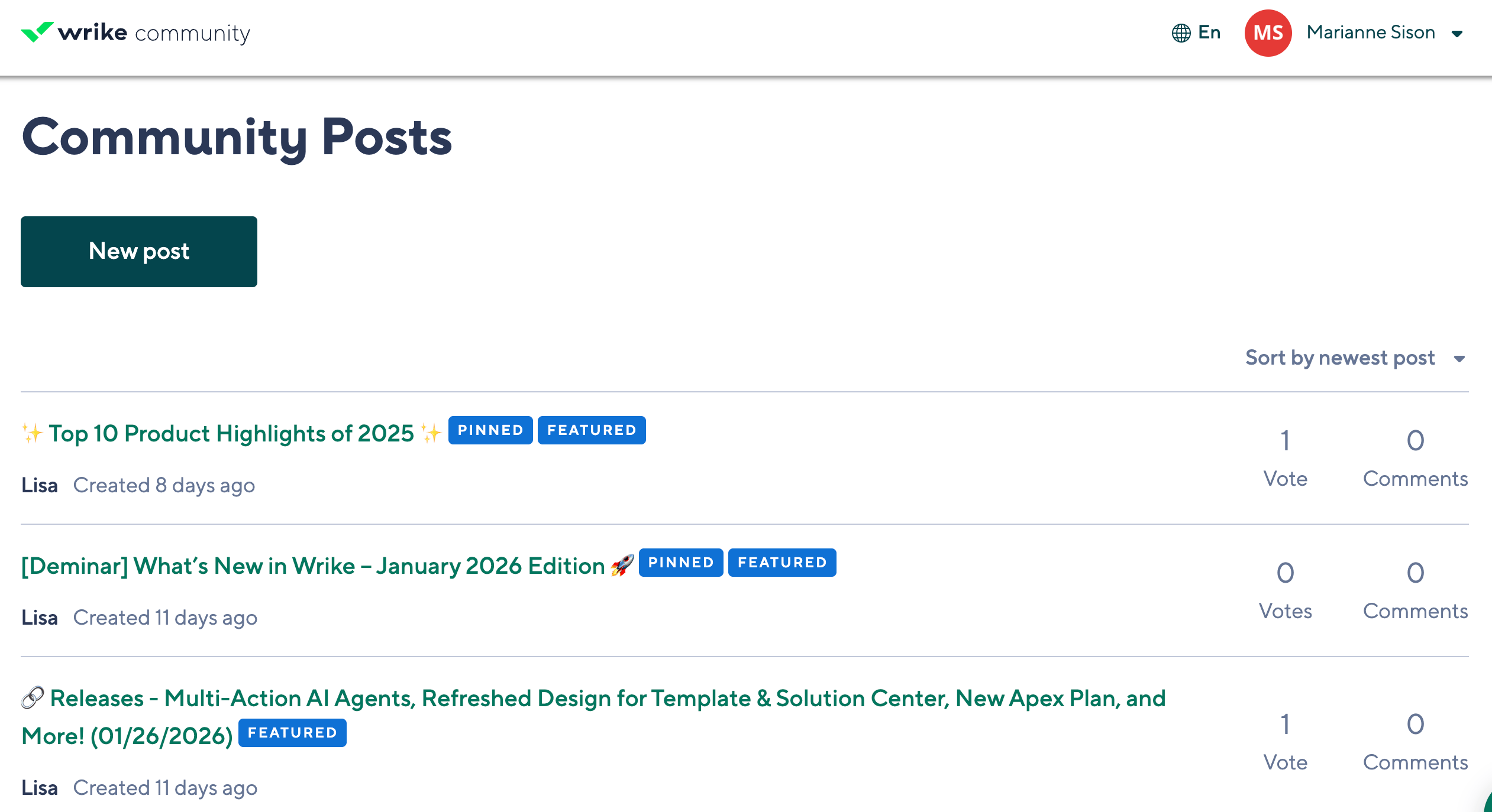 Wrike Community page showing featured posts, product updates, and pinned announcements.