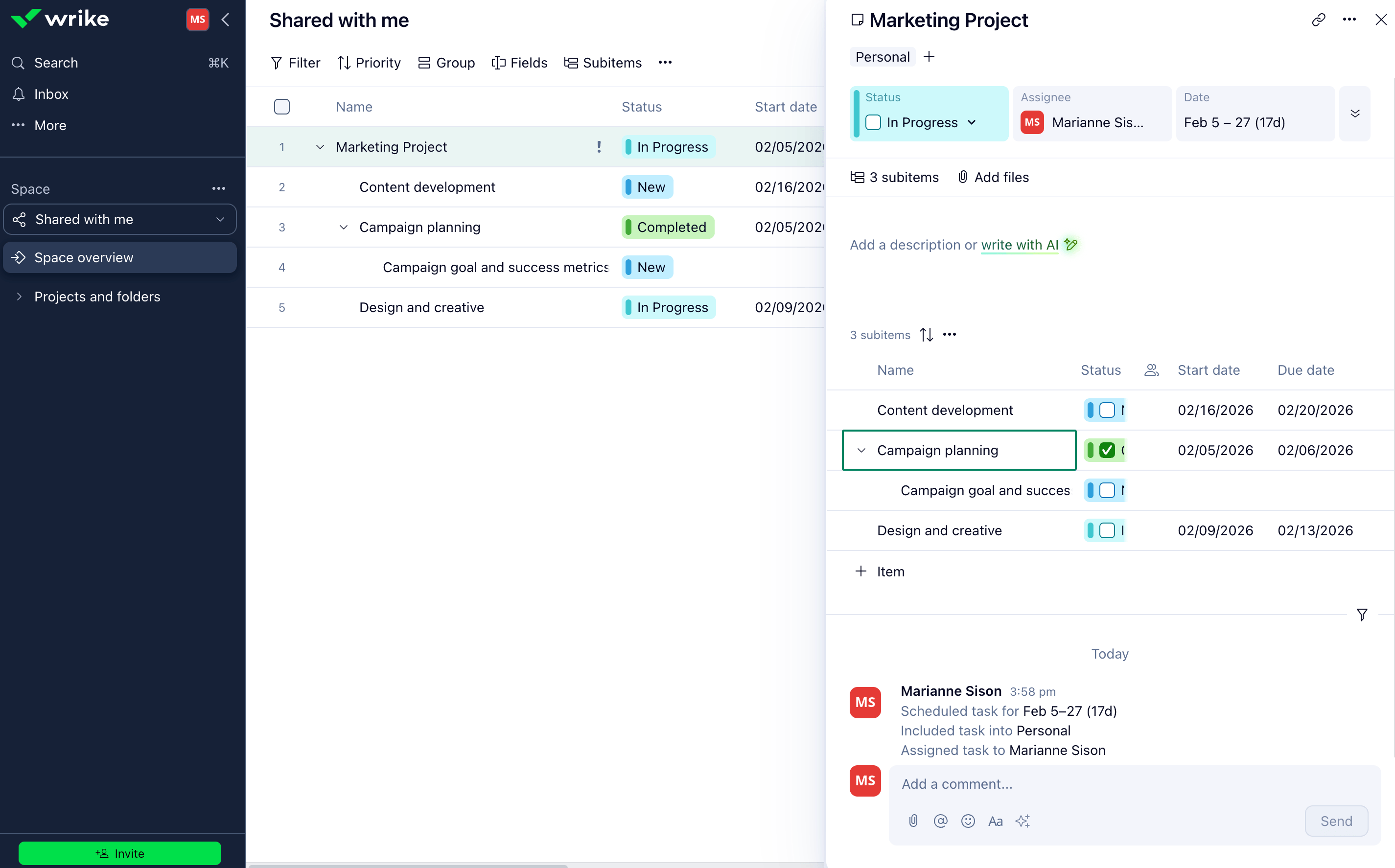 Wrike dashboard showing a Marketing Project in progress with subtasks for content development, campaign planning, and design.