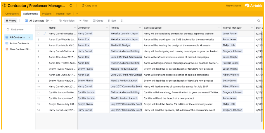 Airtable contractor management template showing contracts, freelancers, projects, scopes, internal managers, and start dates in a table format.
