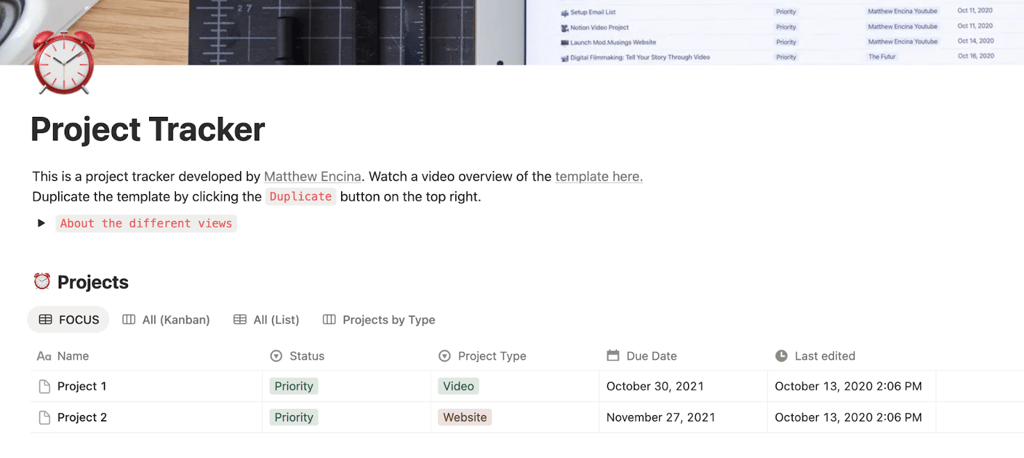 Notion project tracker template with projects listed by name, status, type, and due date.