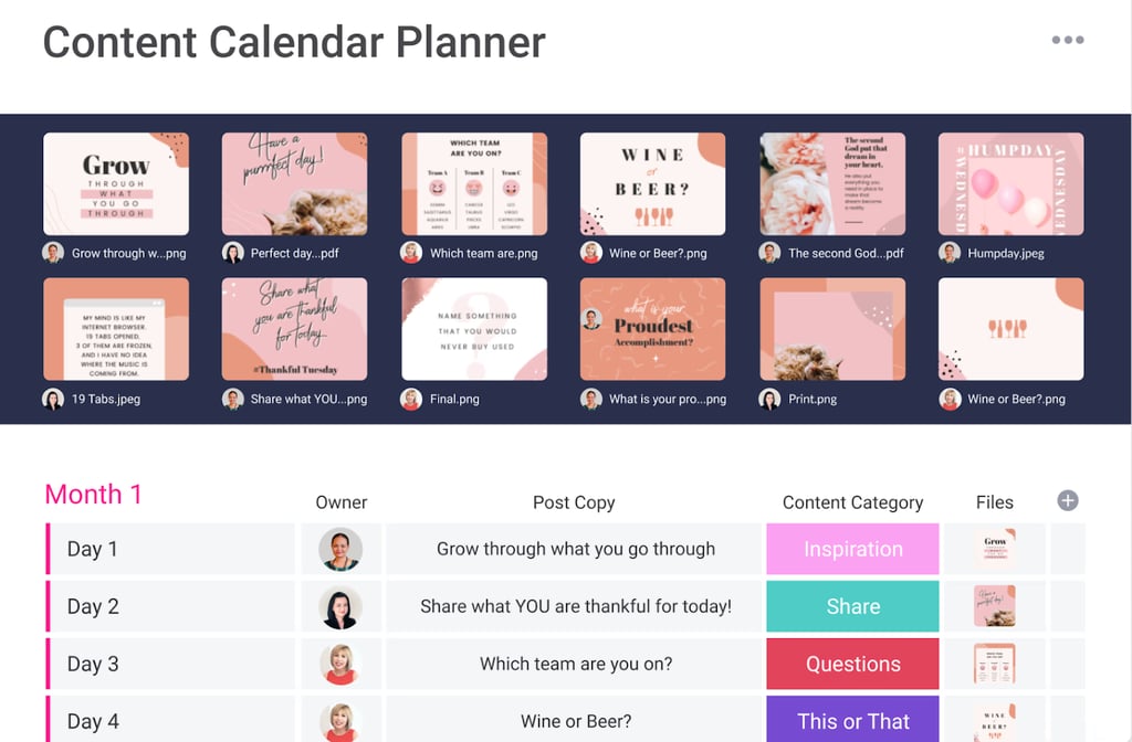 Screenshot of a monday.com content calendar showing image previews, post copy, content categories, and owner assignments.