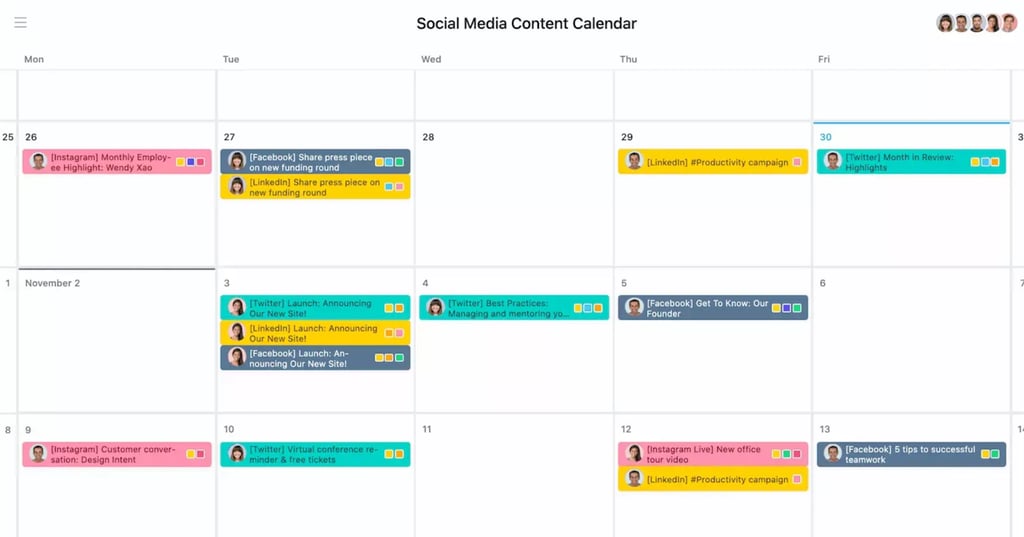 Screenshot of Asana content calendar showing color-coded posts by platform and campaign type arranged on a monthly view.