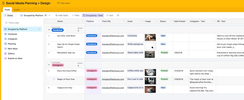 Screenshot of Airtable template showing a table view of social media posts grouped by platform, with columns for final URL, asset type, image, status, and posting date.