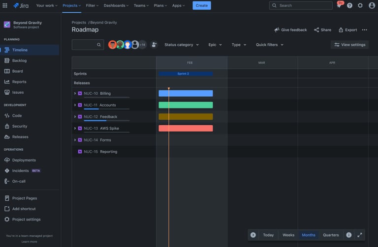 Jira roadmap displaying sprints with color-coded epics and releases on a monthly timeline.