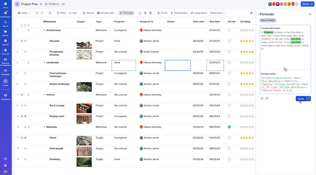Screenshot of a Smartsheet project plan sheet in table view with image thumbnails and a formula side panel used to flag task health