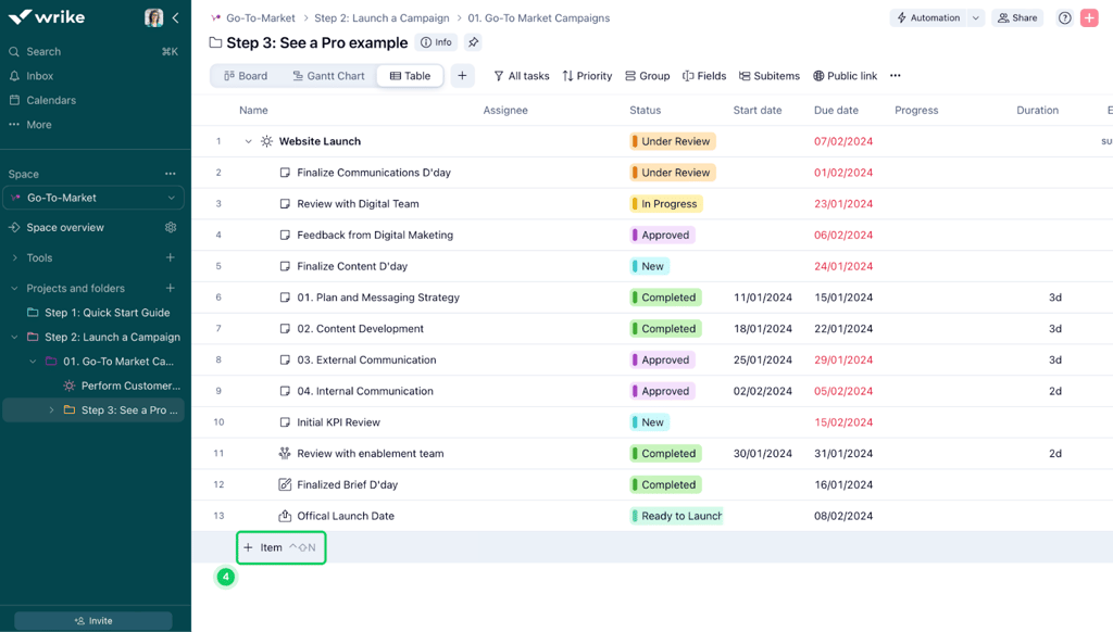 Screenshot of a Wrike table view for a go to market campaign that lists website launch tasks with assignees, status labels, and start and due dates.