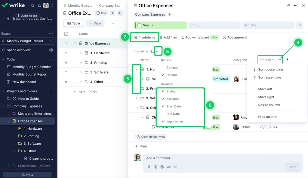 Screenshot of a Wrike office expenses table that shows nested subitems and a column menu for choosing status and assignee fields plus other date and priority columns.