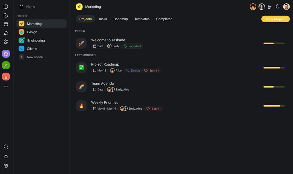 Screenshot of a Taskade marketing workspace showing a dark themed project list with items such as Project Roadmap and Weekly Priorities plus team avatars.