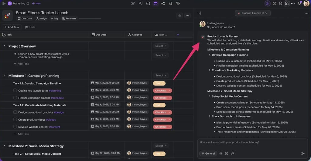 Screenshot of Taskade AI chat window showing a prompt with example social posts on the right and previous conversations listed on the left.