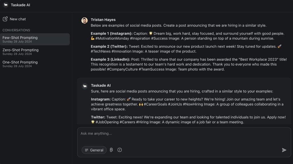 Screenshot of Taskade AI chat window showing a prompt with example social posts on the right and previous conversations listed on the left.
