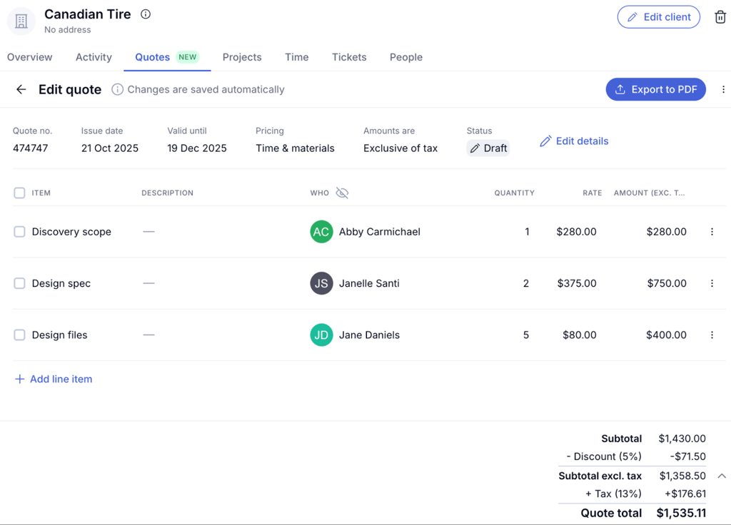 Screenshot of Teamwork.com quote editor for client Canadian Tire that lists line items with assigned team members and a calculated quote total.