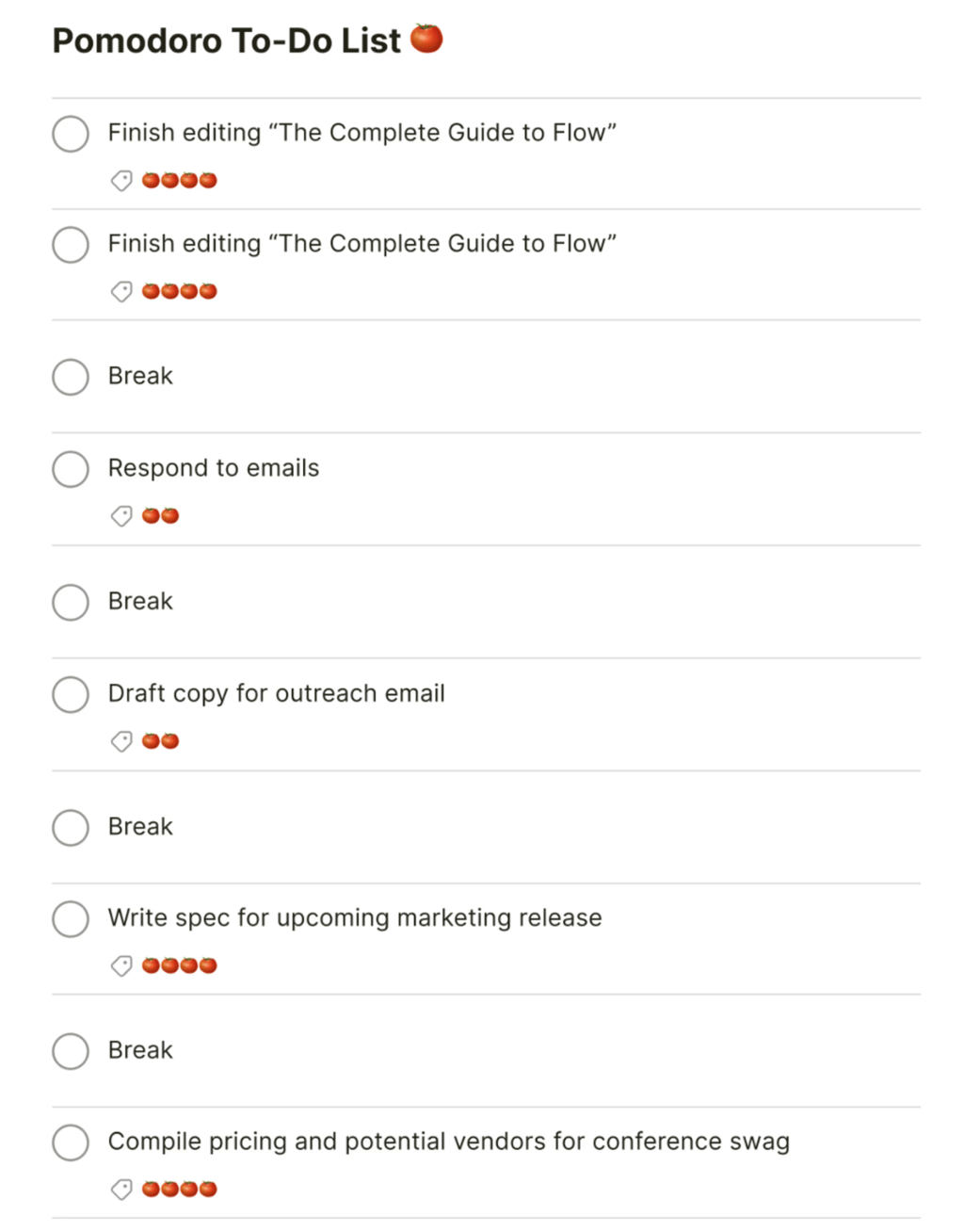 Screenshot of a Todoist Pomodoro To Do List template that lists alternating focus tasks and breaks as checkable items with tomato icons beside each task.