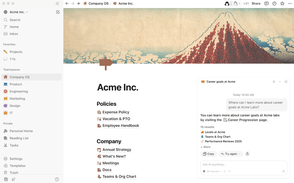 Screenshot of a Notion Company OS page for Acme Inc with sections for policies and company docs plus an AI Q&A panel answering a question about career goals.