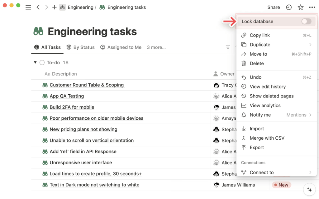 Screenshot of a Notion Engineering tasks database in table view with an overflow menu open that highlights a Lock database option and related controls.