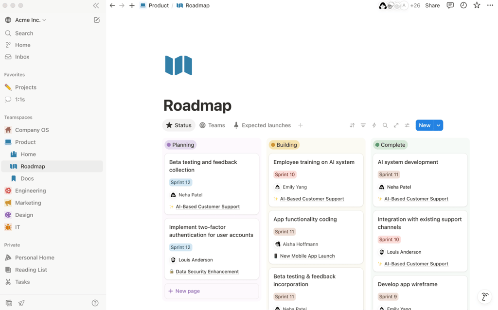 Screenshot of a Notion Roadmap board with columns for Planning and Building plus a Complete column inside a Product teamspace sidebar.