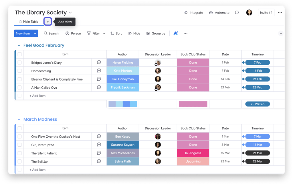 A monday.com board titled "The Library Society" displays organized book club activities using a colorful, grid-style layout. Sections for “Feel Good February” and “March Madness” include book titles, authors, discussion leaders, statuses, and timeline visuals. Source: monday